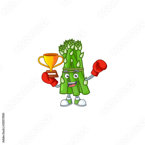 Super cool Boxing winner asparagus in mascot cartoon style