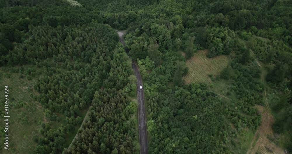 Aerial Drone following white car driving in deep forest in Czech Republic Aerial Drone following white car driving in deep forest in Czech Republic