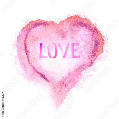 Happy Valentine's day.Love.Hand drawn watercolor lettering with pink heart isolated on white background . Design for holiday greeting card and invitation of the wedding, Valentine's day. 