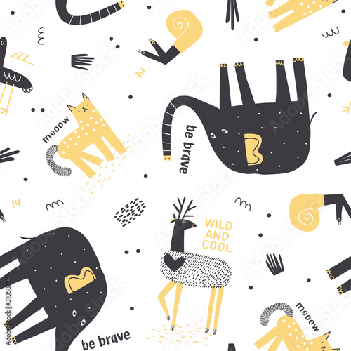 Canvas Print Cute animals seamless pattern with cute elephant, dangerous snail, wild cat, deer and tropical plants
