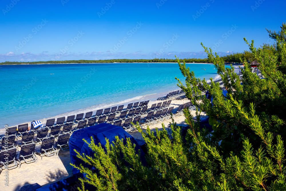 The view of empty beach on Half Moon Cay island at Bahamas.