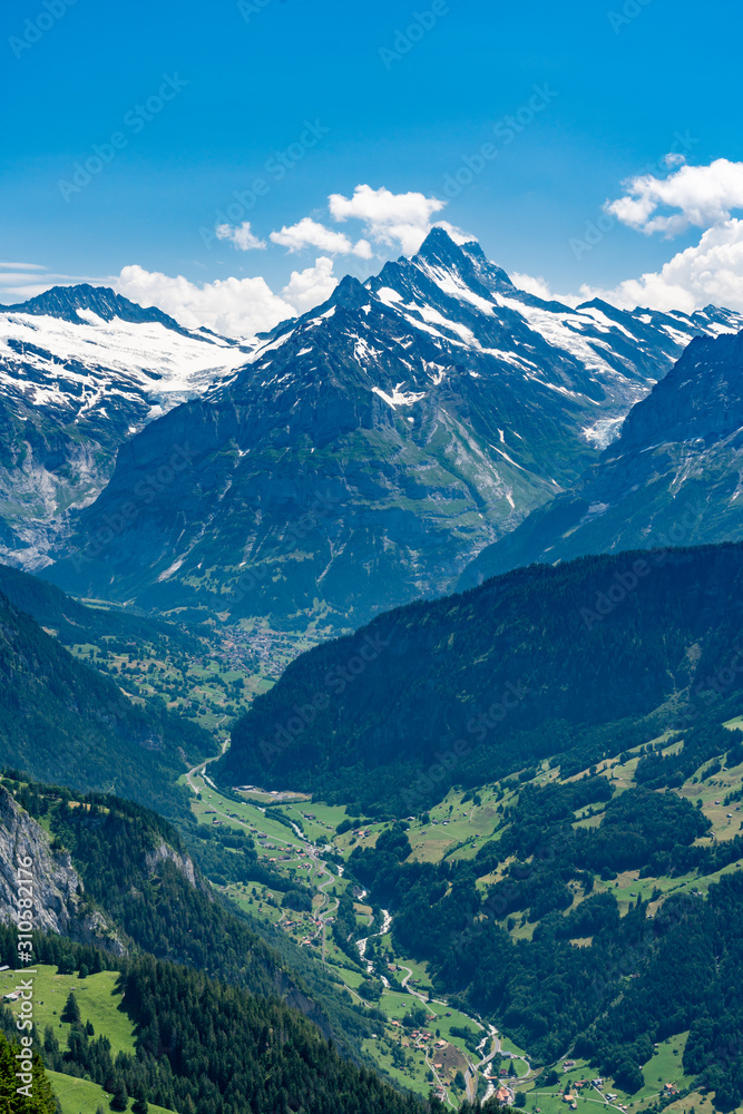 Switzerland, Panoramic view on Grindelwald valley and Wetterhorn from Schynige Platte