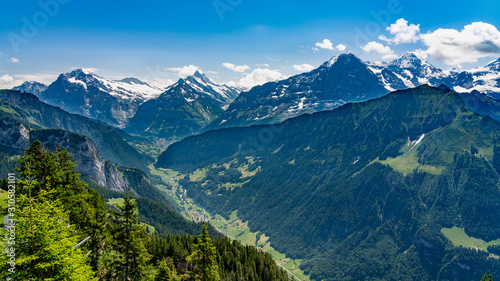 Switzerland, Panoramic view on Grindelwald valley and Wetterhorn from Schynige Platte