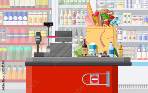 Supermarket store interior with goods. Big shopping mall. Interior store inside. Checkout counter, cash machine, grocery, drinks, food, fruits, dairy products. Vector illustration in flat style