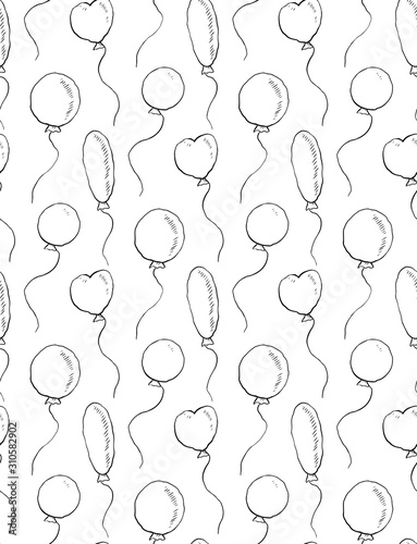 Seamless pattern with sketches of flying balls with a hatch. Festive children background. Vector scribble pattern for wallpaper, fabrics and your creativity.
