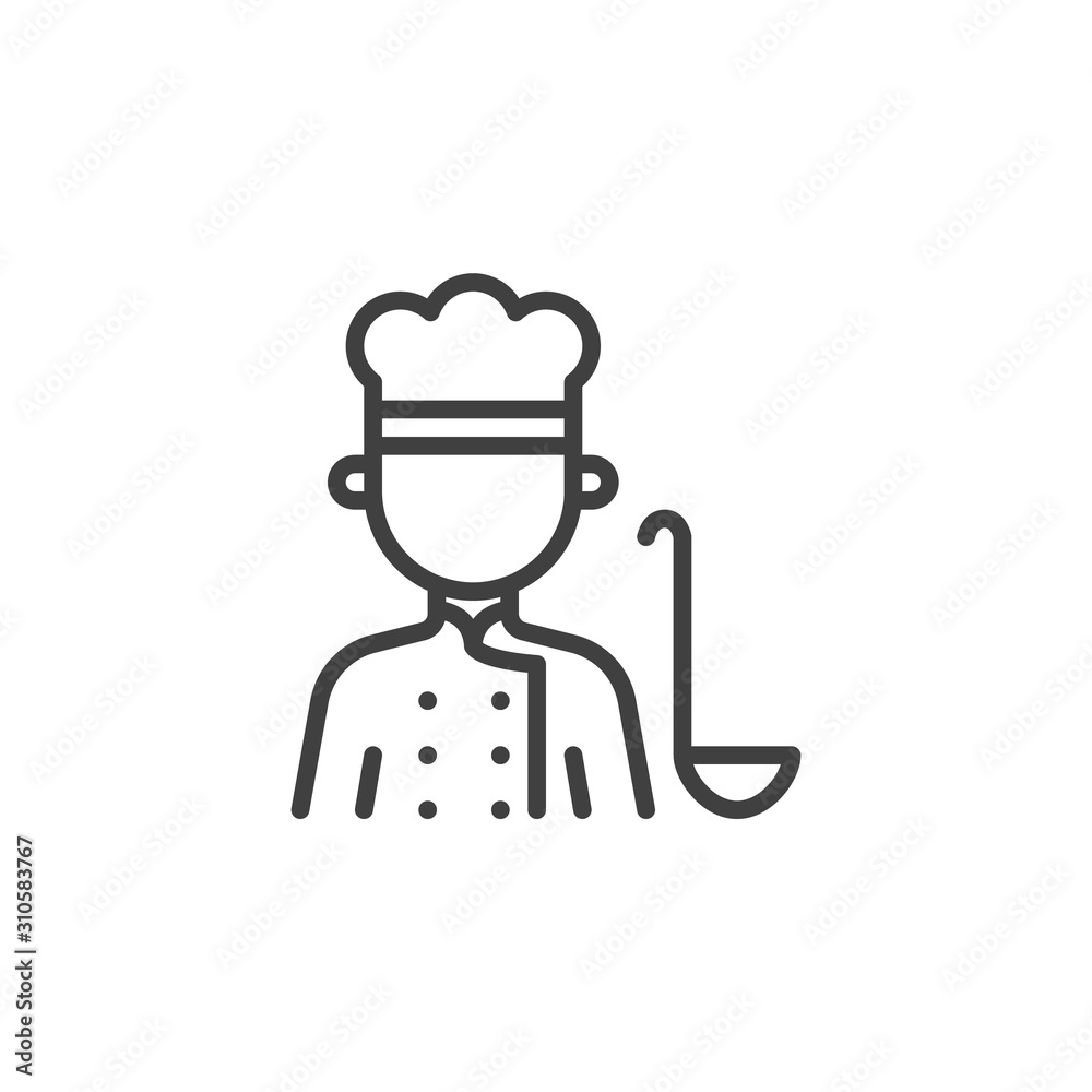 Cook with ladle line icon. linear style sign for mobile concept and web design. Chef worker avatar with soup spoon outline vector icon. Restaurant symbol, logo illustration. Cook with ladle line icon. linear style sign for mobile concept and web design. Chef worker avatar with soup spoon outline vector icon. Restaurant symbol, logo illustration.