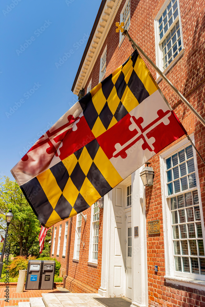 Colorful flags hanging outside the Maryland State House