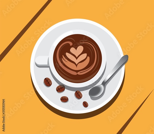 a cup of coffee latte art with coffe bean and spoon. concept illustration vector