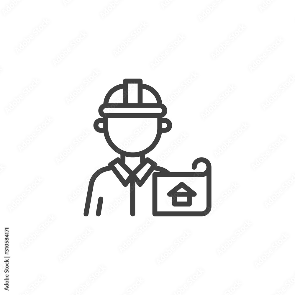 Architect worker proffection line icon. linear style sign for mobile concept and web design. Construction engineer with house blueprint outline vector icon. Symbol, logo illustration. Vector graphics