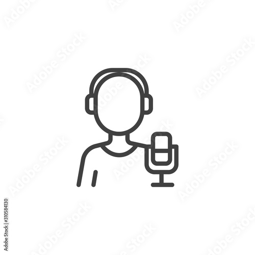 Radio host worker line icon. linear style sign for mobile concept and web design. Radio DJ with headset microphone outline vector icon. Symbol, logo illustration. Vector graphics
