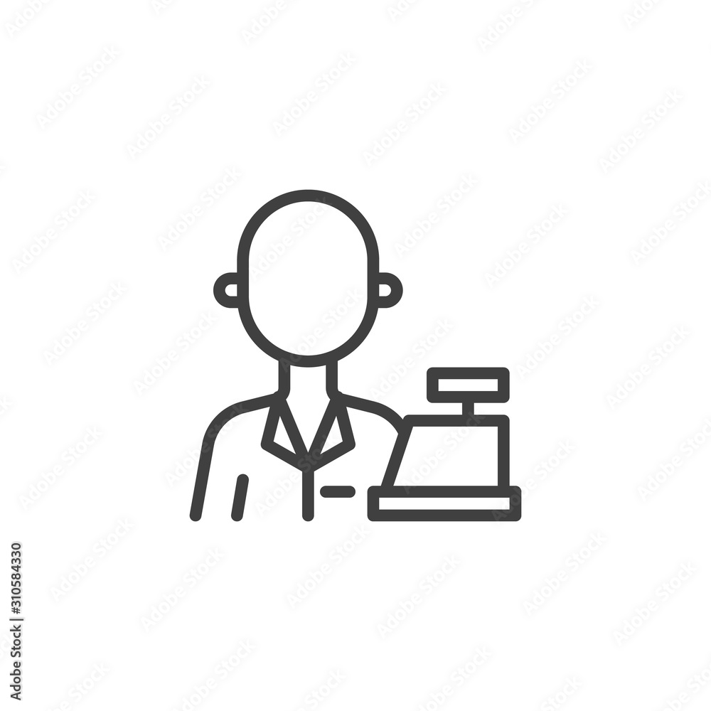 Cashier worker with cash register machine line icon. linear style sign for mobile concept and web design. Salesman cashier profession outline vector icon. Symbol, logo illustration. Vector graphics Cashier worker with cash register machine line icon. linear style sign for mobile concept and web design. Salesman cashier profession outline vector icon. Symbol, logo illustration. Vector graphics