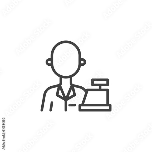 Cashier worker with cash register machine line icon. linear style sign for mobile concept and web design. Salesman cashier profession outline vector icon. Symbol, logo illustration. Vector graphics