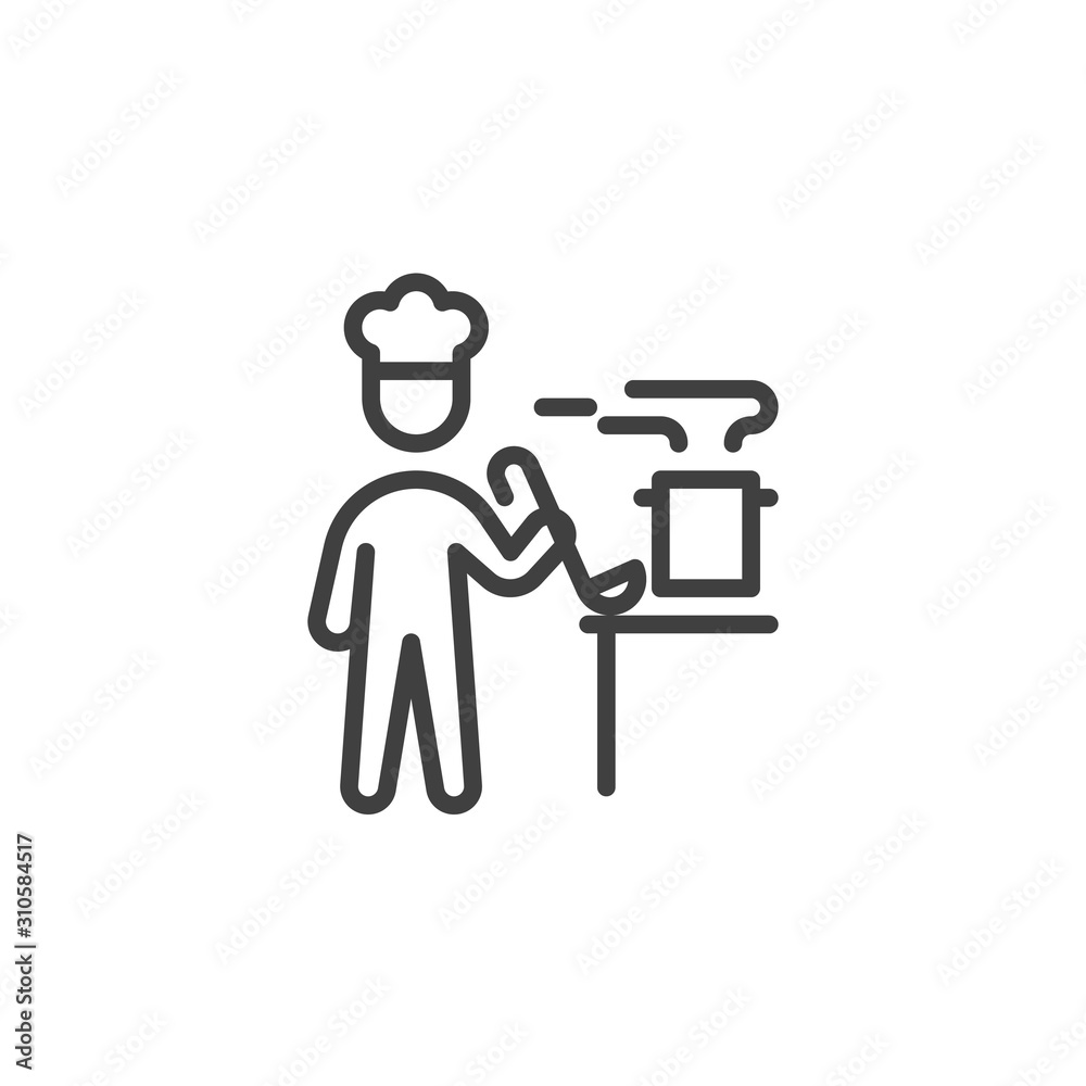 Chef worker cooking line icon. linear style sign for mobile concept and web design. Cook man with ladle and cooking pan outline vector icon. Symbol, logo illustration. Vector graphics Chef worker cooking line icon. linear style sign for mobile concept and web design. Cook man with ladle and cooking pan outline vector icon. Symbol, logo illustration. Vector graphics
