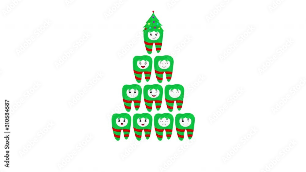 Cute cartoon Christmas teeth fancy. Dental care for Christmas. Animation on white background.