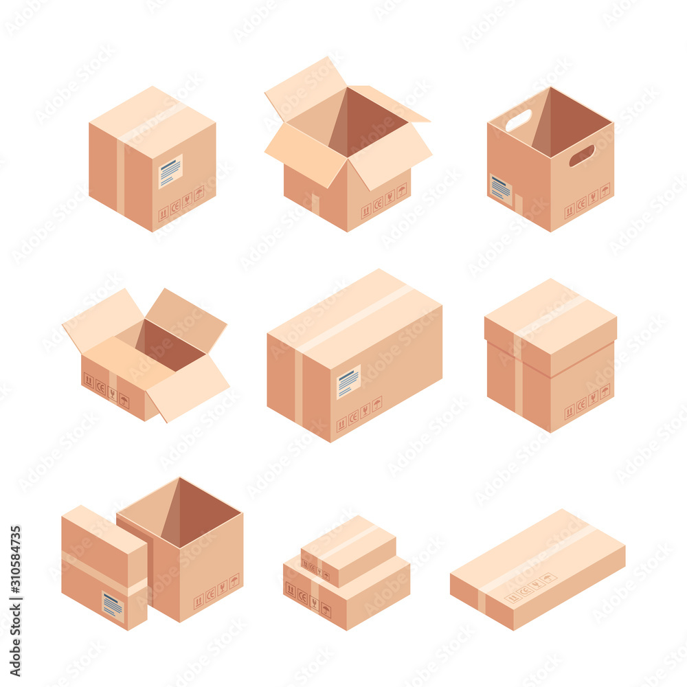 Fototapeta premium Relocation carton boxes isometric 3D vector illustrations set