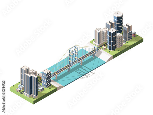 Bridge connecting two city parts isometric vector illustration