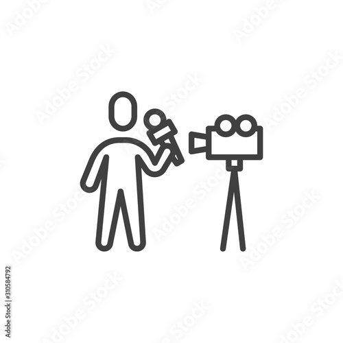 Newsman with microphone and camera line icon. linear style sign for mobile concept and web design. Broadcasting TV journalist outline vector icon. Symbol, logo illustration. Vector graphics
