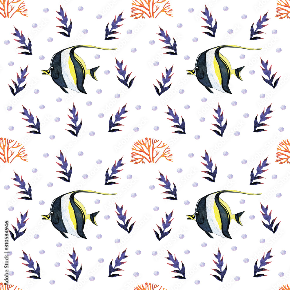 Obraz premium Striped fish in a set with algae and corals on a white background