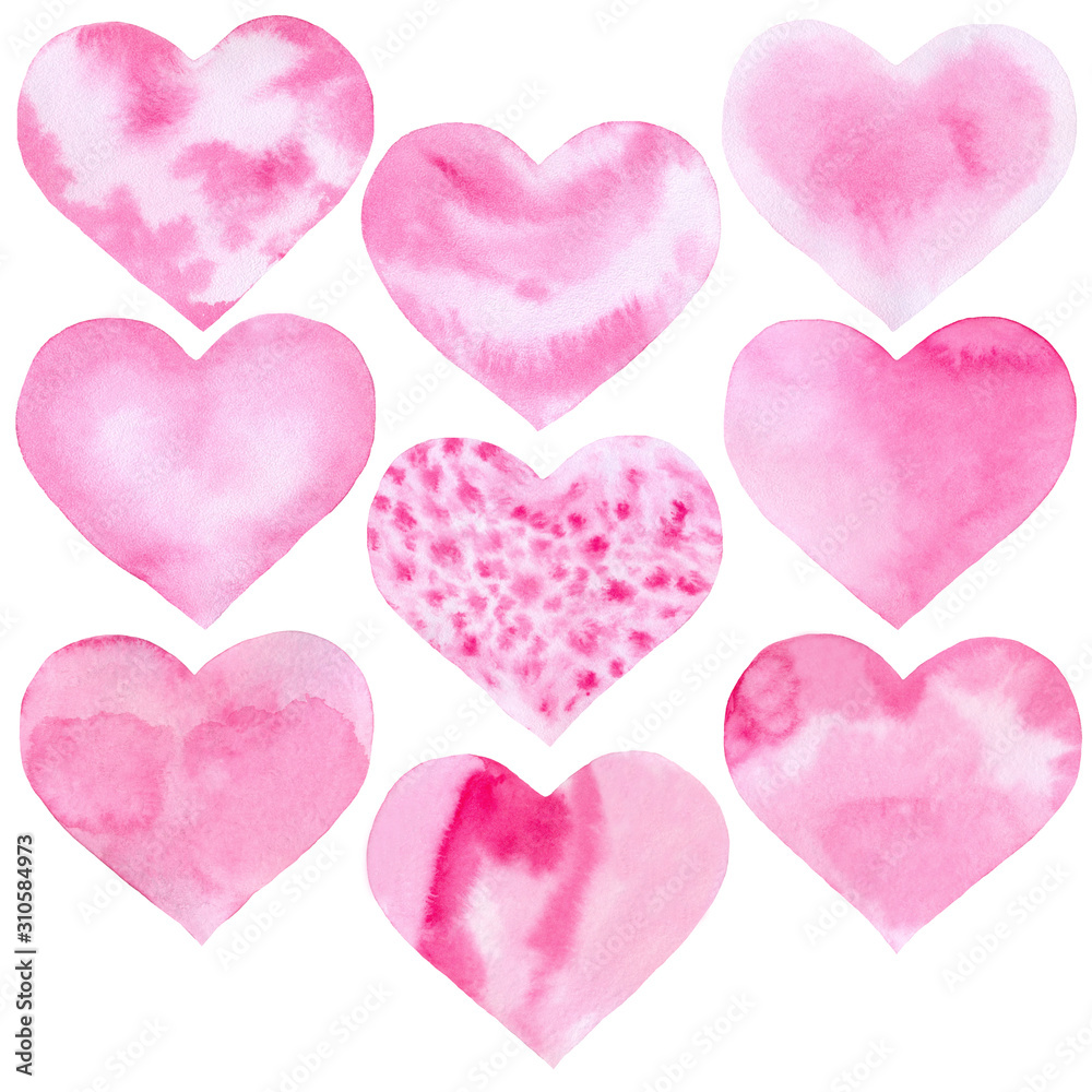 Set of watercolor pink hearts. Perfect for decorating Valentine's day cards, wedding invitations, scrapbooking, photo albums and other romantic designs.