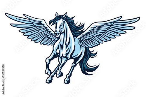 Pegasus Flying Horse. Majestic Pegasus Cartoon Vector Logo Mascot Design Illustration