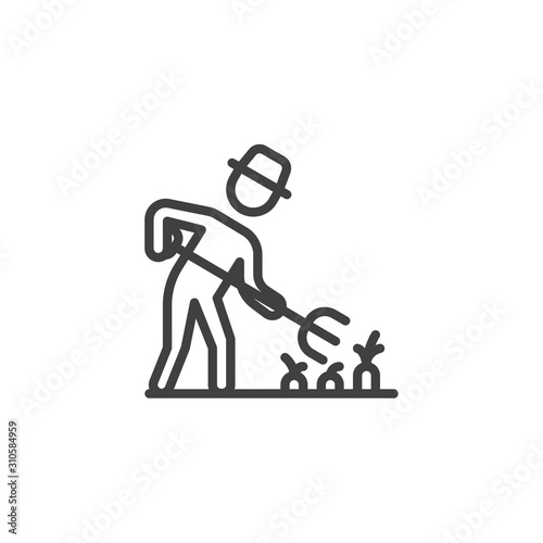 Gardener, farmer with pitchfork line icon. linear style sign for mobile concept and web design. Farmer man working with pitchfork outline vector icon. Symbol, logo illustration. Vector graphics