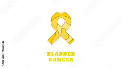 Bladder cancer awareness animation. Yellow ribbon made in 3D paper cut craft style on white background. Medical concept. Motion graphics.