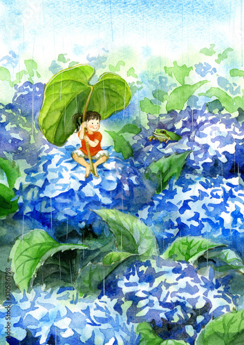 Hydrangea and little animals in rainy season