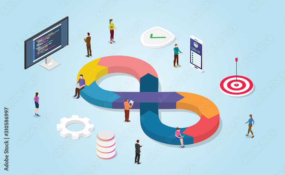 devops software development agile methodology with modern isometric ...