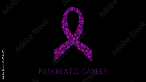 Pancreatic cancer awareness animation. Purple ribbon made of dots on white background. Pancreatitis disease. Medical concept. Seamless loop motion graphics with alpha channel.