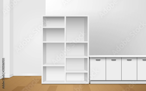 white showcase and cabinet in the room