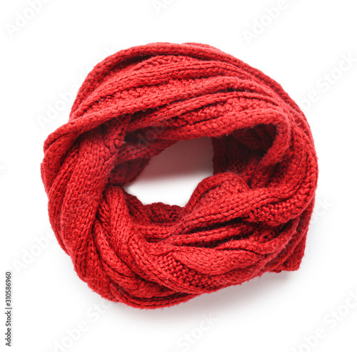 Stylish knitted scarf on white background
