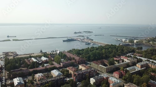 Aerial high drone flight over Middle Harbour and Petrovsk Park Kronstadt Russia,Shot in 4K UHD photo