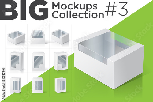 Set of blank white packaging boxes with window. Different positions. Vector illustration