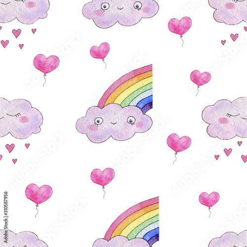 Pattern with balloons in the form of hearts flying in the sky among the clouds