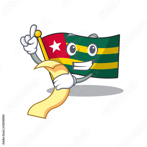 Flag togo Scroll cartoon character holding menu ready to serve