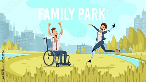 Modern City, Metropolis Family Park Trendy Flat Vector Banner, Poster Template. Happy Smiling, Excited Disabled Man in Wheelchair, Woman with Robotic Prosthesis Resting on Park Meadow Illustration