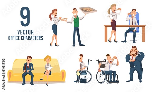 Female, Male Office Workers Trendy Flat Vector Characters Set Isolated on White Background. Men and Women Eating Pizza, Disabled Man in Wheelchair, Job Applicants Waiting for Interview Illustration