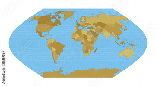 World Map. Eckert V projection. Map of the world with meridians on blue background. Vector illustration.