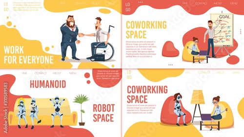 Modern Coworking Space, Job Search Service, Artificial Intelligence Technologies Startup Trendy Flat Vector Web Banners, Landing Pages Set. Working Businesspeople, Robots, Employee Hiring Illustration
