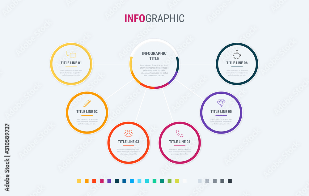 Timeline infographic design vector. 6 options, circle workflow layout. Vector infographic timeline template. Warm palette. Timeline infographic design vector. 6 options, circle workflow layout. Vector infographic timeline template. Warm palette.