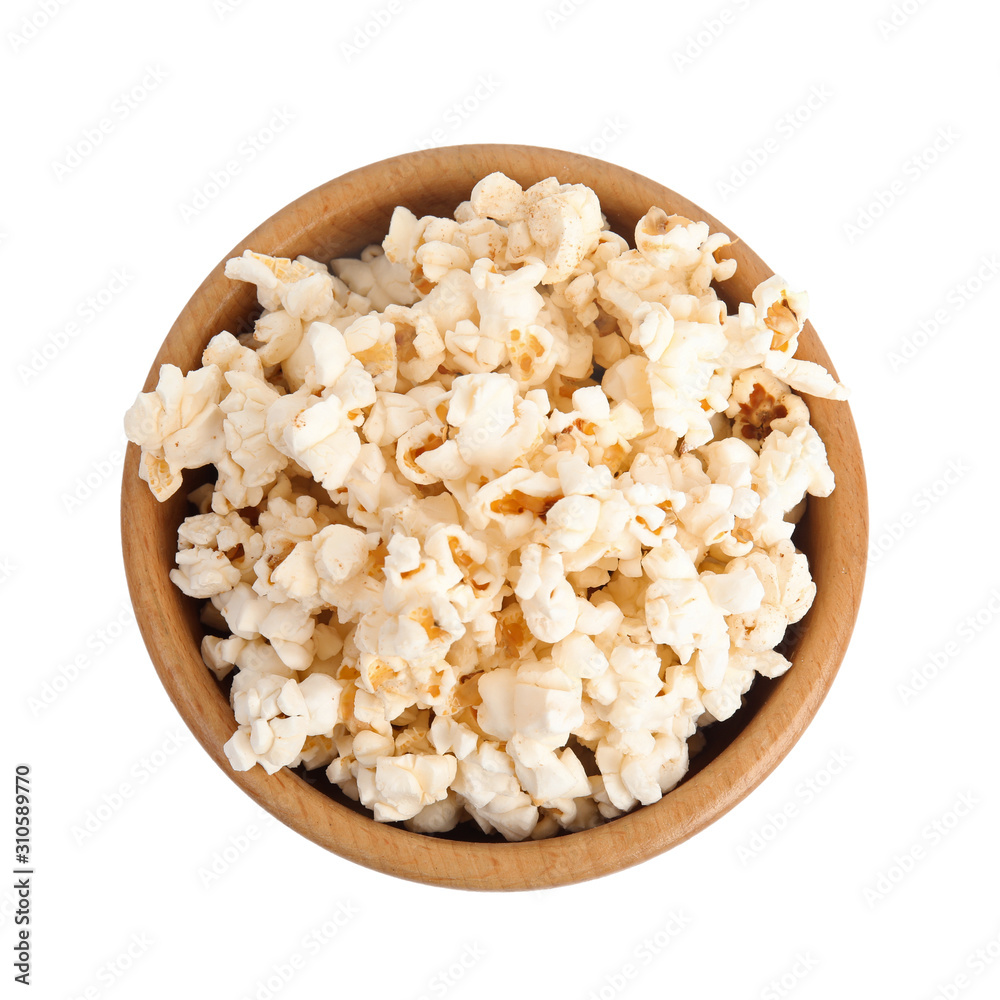 Wooden bowl of tasty pop corn isolated on white, top view