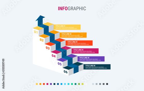 Infographic template. 6 colorful options. Stairs infographic. Design with beautiful colors. Vector timeline elements for presentations Warm palette.