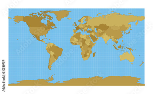 World Map. Patterson cylindrical projection. Map of the world with meridians on blue background. Vector illustration.