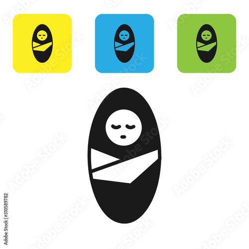 Black Newborn baby infant swaddled or swaddling icon isolated on white background. Baby kid child wrapped in blanket clothes. Set icons colorful square buttons. Vector Illustration