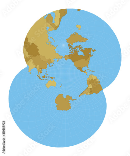 World Map. Modified stereographic projection for the Pacific Ocean. Map of the world with meridians on a blue background. Vector illustration.