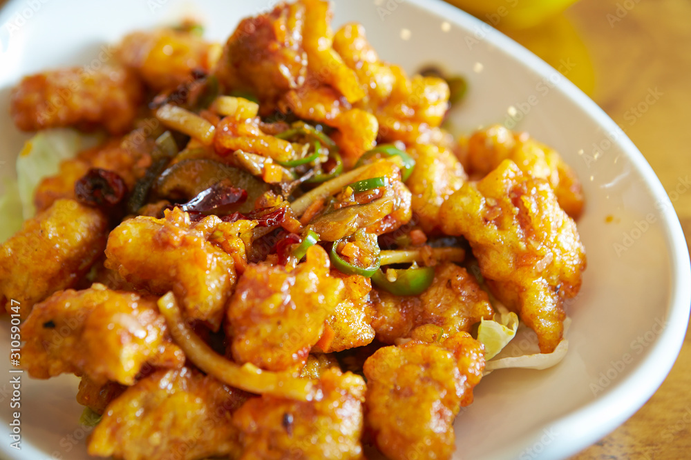 Fried chicken and vegetable with spicy sauce Fried chicken and vegetable with spicy sauce
