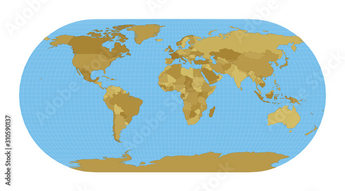 World Map. Eckert III projection. Map of the world with meridians on blue background. Vector illustration.