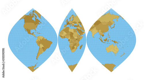 World Map. Interrupted sinusoidal projection. Map of the world with meridians on blue background. Vector illustration.