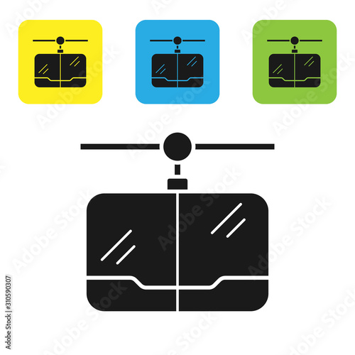 Black Cable car icon isolated on white background. Funicular sign. Set icons colorful square buttons. Vector Illustration