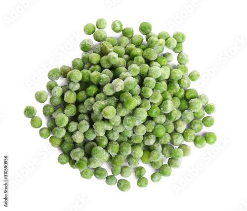 Pile of frozen peas isolated on white, top view. Vegetable preservation